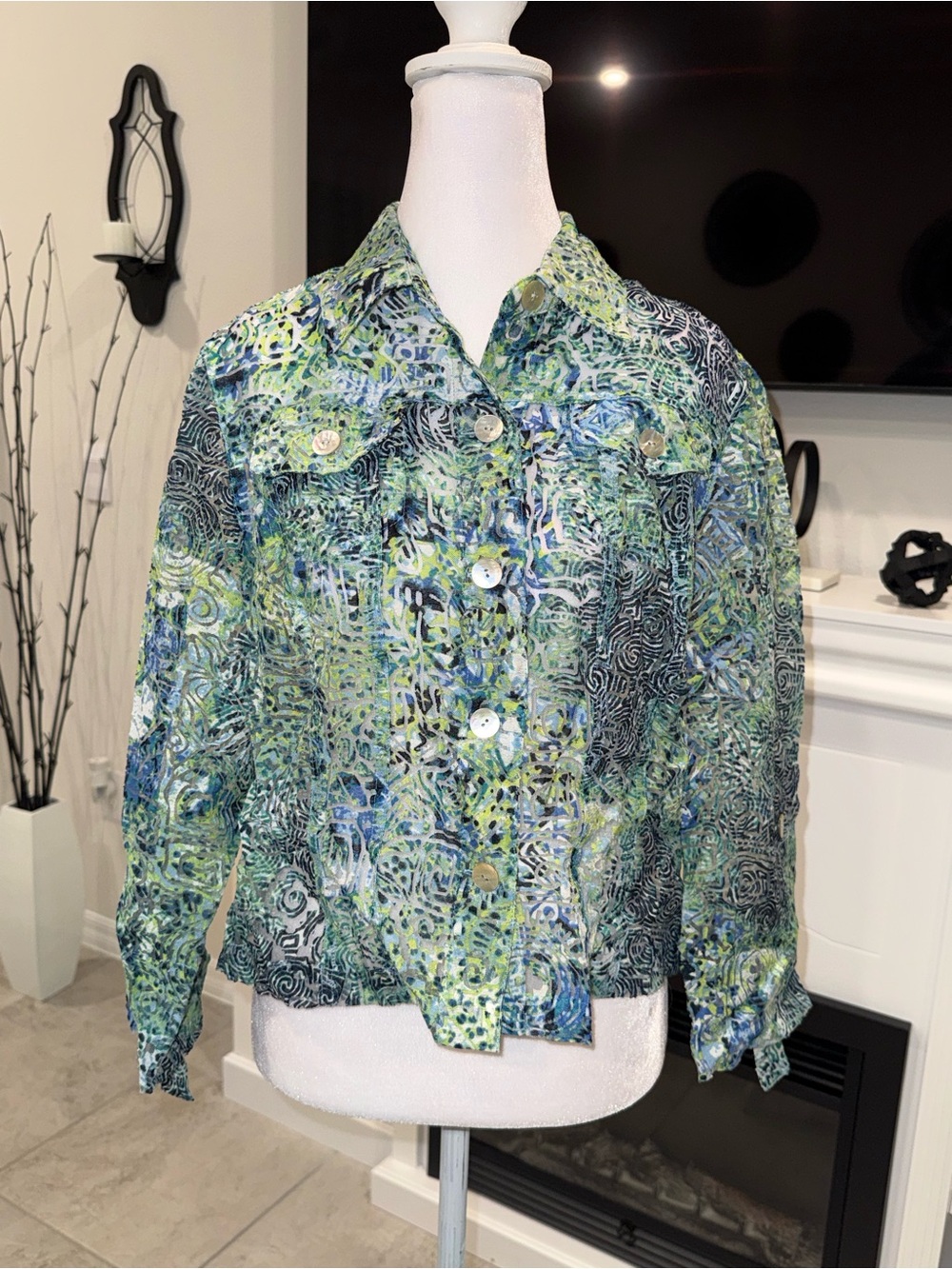 2 x 20$ hearts of palm Blue and Green Printed Button-Front Shirt Jacket Size 10P